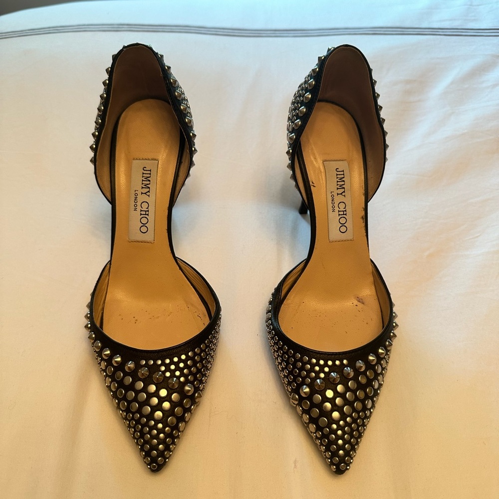 Jimmy Choo black studded pumps. 3.5” heel.